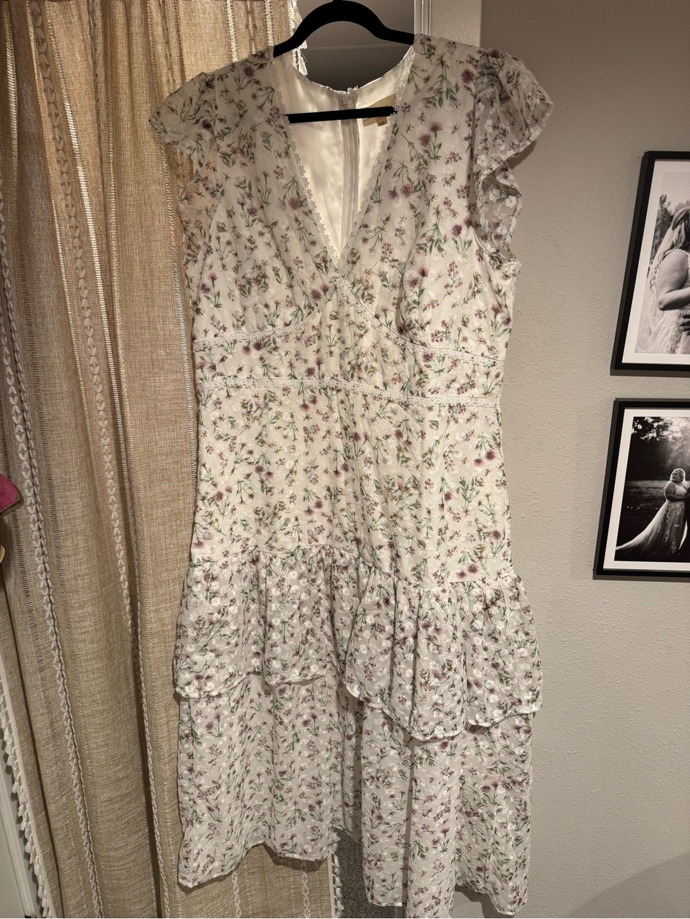 Floral Ruffled V-Neck Midi Dress - White with Pink & Green
